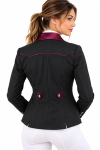 <b>Women</b>’s Black Equestrian Show Jacket Horse Riding Competition <b>Coat</b> Tailored Fit Gold Buttons Burgundy Collar Trim Apparels - Product Image 2
