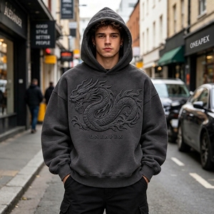 Sudadera con Capucha Oversize para Hombre, Gris Oscuro, con Gráficos en Relieve, Estilo Urbano, de Algodón y Felpa, Venta al por Mayor - Product Image 4