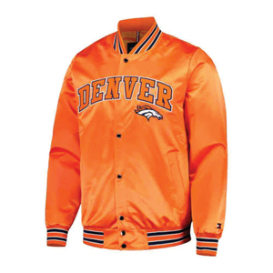 Chaqueta Varsity Naranja Personalizada de los Denver Broncos para Hombre, Informal, con Logotipo Bordado en la Parte Delantera, Cuello Camisero, Forro de Satén de Poliéster - Product Image 1