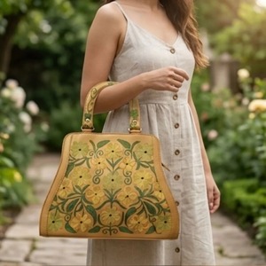 Bolso de mano con bordado Crewel de Cachemira — Cuero color canela con flora amarilla y verde - Product Image 1