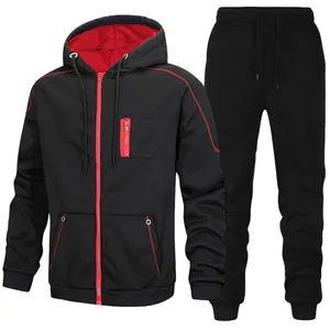 Ensemble de survêtement pour homme, bleu marine et rouge, coupe-vent, respirant, à capuche, sweat-shirt à fermeture éclair à manches longues, pantalon à cordon de serrage, vêtements décontractés pour l'hiver - Product Image 4