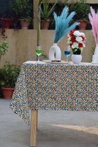 Handmade Eco-Friendly Green & White Indian Floral Cotton <b>Tablecloth</b> for Farmhouse Wedding Events - Product Image 1