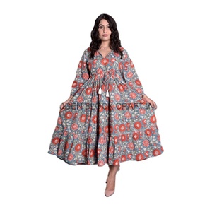 Vestido Midi Bohemio con Cuello en V, Manga 3/4, Holgado, Casual, Moderno, de Algodón Puro, Estampado Floral, Transpirable, Elegante, para Verano - Product Image 1