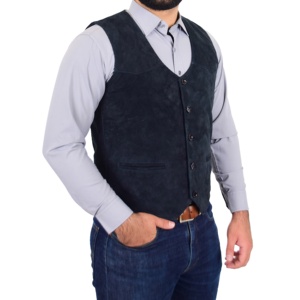 Gilet en cuir suédé bleu véritable décontracté en peau de vache pour hommes Biker Service OEM méthode de tissage non tissé gilet de moto pour hommes - Product Image 3