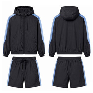 Conjunto deportivo para hombre con capucha, chaqueta cortavientos ligera y pantalones cortos a juego para entrenamiento en el gimnasio, fitness y actividades al aire libre. - Product Image 1