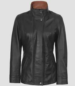 Veste en cuir noir pour femme, col haut, en peau de mouton, avec détails marron, entièrement doublée - Product Image 5