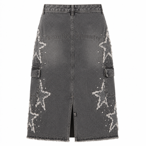 Falda vaquera deshilachada con estrellas, falda midi cargo gris lavada para mujer con pedrería, bolsillos estilo streetwear - Product Image 2