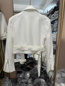 White Genuine Leather Moto Jacket Women Short Sleeve <b>Zipper</b> Front Turn-down Collar Solid Color Autumn Fashion Biker <b>Coat</b> - Product Image 5