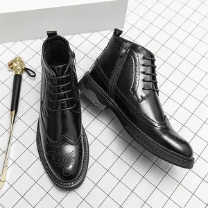 New Fashionable Winter Patent Leather Brogue Ankle Boots Men's Lace up High Tops For Men <b>Flats</b> Everyday All Match Shoes - Product Image 3