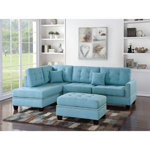 Divano Chaise Longue Reversibile Moderno con Pouf Blu, Set 3 Pezzi in Tessuto Polifibra, Arredamento Soggiorno con Dettagli Trapuntati - Product Image 1
