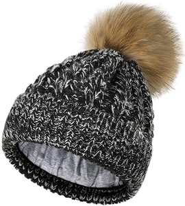 Bonnet unisexe en tricot côtelé de couleur unie, 100 % acrylique, ajustable, pour l'hiver, décontracté, pour le cyclisme, avec pompon en fourrure et revers, pour adultes - Product Image 2