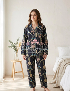 Women's Premium Cotton Hand Block Printed Summer Night Suit Set Elegant Long Sleeve Button-<b>Down</b> Shirt Full-Length Lounge <b>Pants</b> - Product Image 6
