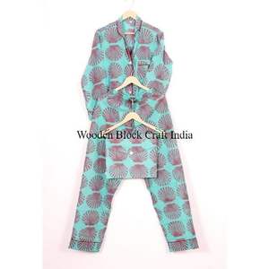 Magnifique ensemble de pyjama vintage en coton biologique imprimé coquillage, manches longues, tenue de nuit assortie, style bohème, vêtements de détente - Product Image 5