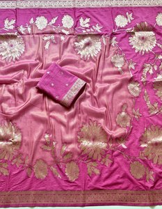 Sari de mariage de créateur haut de gamme, traditionnel, en Khaddi, Crêpe, Georgette, Tissu Chinya, Jacquard scintillant, teint à la main, avec Pallu riche - Product Image 2