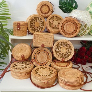 Handmade Unisex Rattan Wicker <strong>Eco</strong>-<strong>Friendly</strong> Cotton <strong>Purse</strong> Large Capacity Zipper Soft Lightweight Durable Handbag Circle Design - Product Image 1