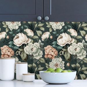 Carta da Parati Adesiva Vintage con Peonie Verde Scuro e Bianche, Facile da Applicare, Decorazione Murale Autoadesiva - Product Image 2