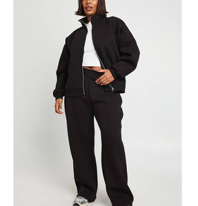 Conjunto Deportivo de 2 Piezas para Mujer, Cintura Alta, Chaqueta con Cierre y Pantalones Anchos de Algodón Ligero, Estilo OEM para Gimnasio y Fitness - Product Image 1