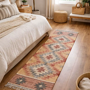 Alfombra de Escalera Hecha a Mano de Yute y Algodón, Diseño Tribal Geométrico, Alfombra de Pasillo Natural Estilo Boho, Tejido Plano Reversible y Lavable para el Hogar - Product Image 1