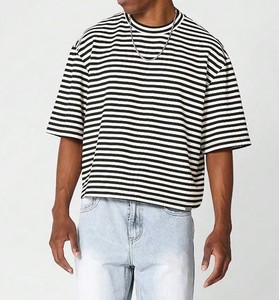 Wholesale Casual 100% Cotton 220g Striped Tshirts Breathable Summer Hot Sale Premium Quality Oversized Boxy Men's shirts - Product Image 2