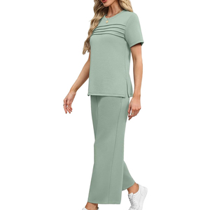 Women Everyday Two Piece Set Casual T Shirt <b>Elastic</b> Waist Pants Lounge Wear Custom Printing - Product Image 5