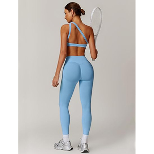 Ensemble de yoga côtelé pour femme – Confortable, en tissu texturé, avec soutien-gorge de sport et leggings taille haute en maille gaufrée nid d'abeille, en nylon et élasthanne - Product Image 4