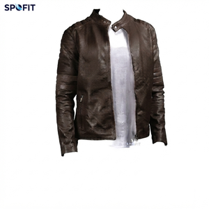 SPOFIT <b>Men's</b> Breathable Genuine <b>Leather</b> Moto <b>Jacket</b> Stand Collar Zipper Closure Color Blocking Design Slim Fit Autumn Wear - Product Image 6