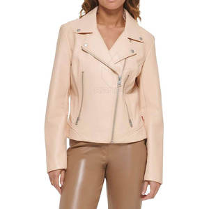 Veste moto en cuir PU beige pour femme, manches longues, fermeture éclair, col montant, couleur unie, vêtement d'automne - Product Image 2