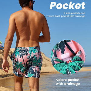 Drain Sports Men's Pink Tropical Palm Print Swim Shorts Quick Dry Anti-UV <b>Mid</b> Waist Drawstring Casual Beach Board Shorts - Product Image 4