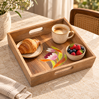 Plateau en bois naturel émaillé, plateau de service floral, plateau décoratif pour la salle à manger, plateau à poignée découpée, plateau de service en bois, articles de service pour la cuisine