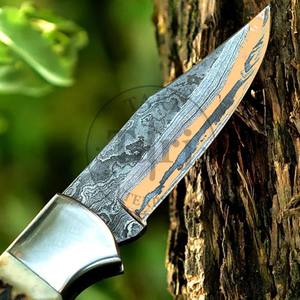 Couteau de poche artisanal en acier Damas Cooper, manche en résine de cerf, lame à pointe tombante, qualité industrielle, couteau pliant de survie pour le camping - Product Image 4