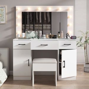 Large Lighted <b>Mirror</b> <b>Makeup</b> Vanity Desk Set with 3 Drawers 2 Cabinets Wood Top Vanity Table for Dressing Power Outlet Included - Product Image 2