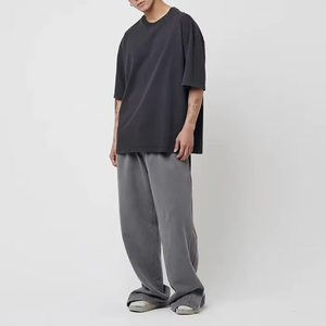 Men's Wide Leg Pants Elastic Waist 100% Cotton Casual Breathable Midweight Spring Style <b>Plain</b> Dyed Woven Trousers - Product Image 1