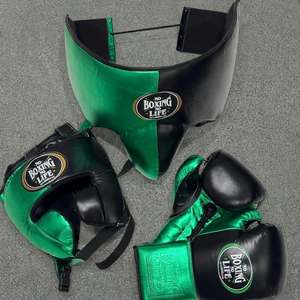 No Boxing No Life Boxing Gear Set <b>Green</b> Black Leather Head Guard Groin Protector <b>Lace</b>-up Boxing Gloves Adult Sparring Equipment - Product Image 1
