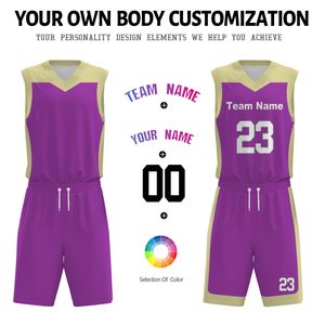 Ensemble de maillot de basket-ball personnalisé violet et or, col en V, sans manches, impression sublimée, polyester à séchage rapide, uniforme unisexe adulte, toutes saisons - Product Image 5