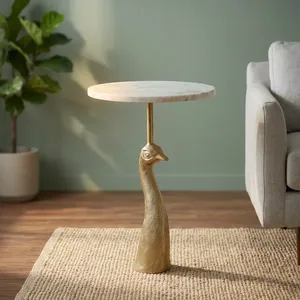 Modern Round <b>Marble</b> <b>Top</b> <b>Side</b> <b>Table</b> with Decorative Ostrich Metal Base Luxury Accent Furniture for Living Room Bedroom Decor - Product Image 5