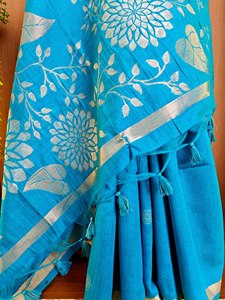 Sari en soie bleue à fleurs et broderies Zari, tenue traditionnelle pour femmes, pour mariage, fête et occasions festives - Product Image 4