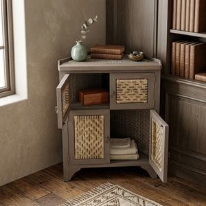New Modern <b>Minimalist</b> Minang Wooden Storage Cabinet Natural Rattan Webbing Corner Cupboard Doors Storage Nightstand - Product Image 3