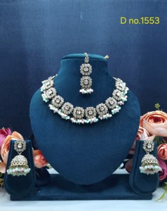 Geometric Square Shape Motif Crystal Beaded Fringe Necklace <b>Set</b> Wth Jhumka & Tika Festive Wear Antique Gold Plated <b>Jewellery</b> <b>Set</b> - Product Image 2