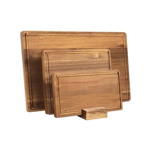 Juego de 3 tablas de cortar de madera de acacia premium con soporte, tabla de picar de madera gruesa con ranura para jugos, suministro para restaurantes, venta al por mayor - Product Image 1