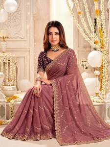 AARA Fashion Elegant Pink Silk Saree <b>Gold</b> Embroidery <b>Blouse</b> for Wedding Occasion Women Traditional Indian Wear Sun Protection - Product Image 2