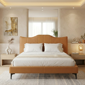 Lit king-size moderne en bois de luxe, magnifiquement recouvert de tissu bouclé blanc, taille personnalisable, construction en bois de pin de haute qualité - Product Image 1