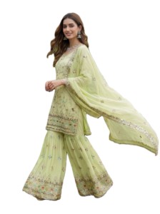 Salwar Kameez Verde Claro Bordado en Faux Georgette, Vestido de Novia Tradicional para Mujer, Estilo Indio-Pakistaní, Ropa de Fiesta - Product Image 2