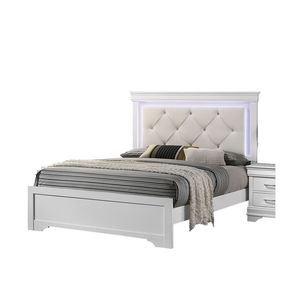 Queen Size Blanc Faux Cuir Tufté Tête de Lit 1pc Texture Unique LED Chambre Meubles En Bois Massif FB Lit - Product Image 6