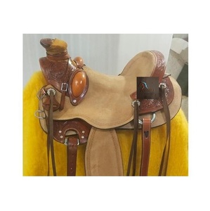 Silla de montar western de cuero marrón para carreras de caballos, con diseño floral tallado a mano, asiento rígido de cuero rugoso color canela, correas de latigo, de 10 a 18 pulgadas - Product Image 3