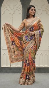 Sari de Seda Chinon Suave con Bordado a Mano de Espejos, Borde con Ribetes y Borlas Latkan - Ideal para Fiestas, Bodas, Diwali, Elástico y de Secado Rápido - Product Image 2