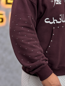 Sweat à capuche oversize pour homme, couleur bordeaux, en molleton de coton, fermeture éclair intégrale, style streetwear, avec strass et imprimé calligraphie arabe, design 2005 - Product Image 2
