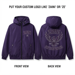 Men Windbreaker Jacket Premium 110 GSM Polyester Shell Hooded Zip Up Outdoor Jacket Custom Rhinestone Logo Purple Elastic Cuffs - Product Image 1