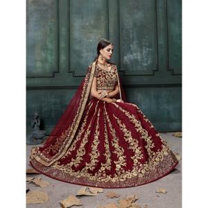 Impresionante ropa de fiesta de diseñador de color granate seda cruda Lehenga Choli - Product Image 5