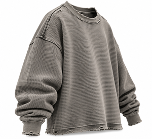 T-shirt Homme Vintage en Maille Gaufrée Délavée, Coupe Oversize, Col Rond, Manches Longues, Ourlet Effiloché, Style Décontracté Streetwear - Product Image 5