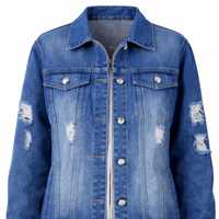 Jaket Denim JJ Finale Wanita Model Distressed Rajutan Panjang Kasual Streetwear Kancing Oversized Bahan Katun Tahan Air